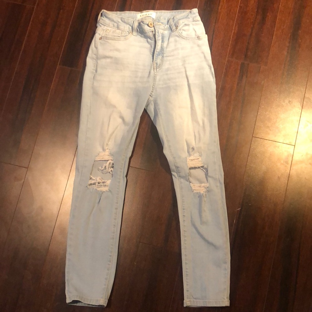 Light wash ripped skinny blue jeans high waisted